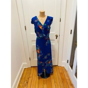 Lauren Ralph Lauren Blue Floral Ruffle V-Neck Maxi Dress Size 8 High Low Hem